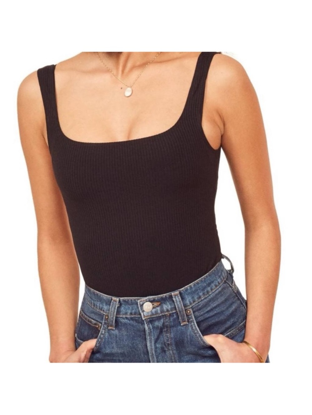 Reformation Black Ribbed Square-Neck Bodysuit Size Small